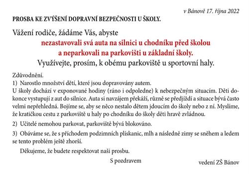 PROSBA KE ZVÝŠENÍ DOPRAVNÍ BEZPEČNOSTI U ŠKOLY
